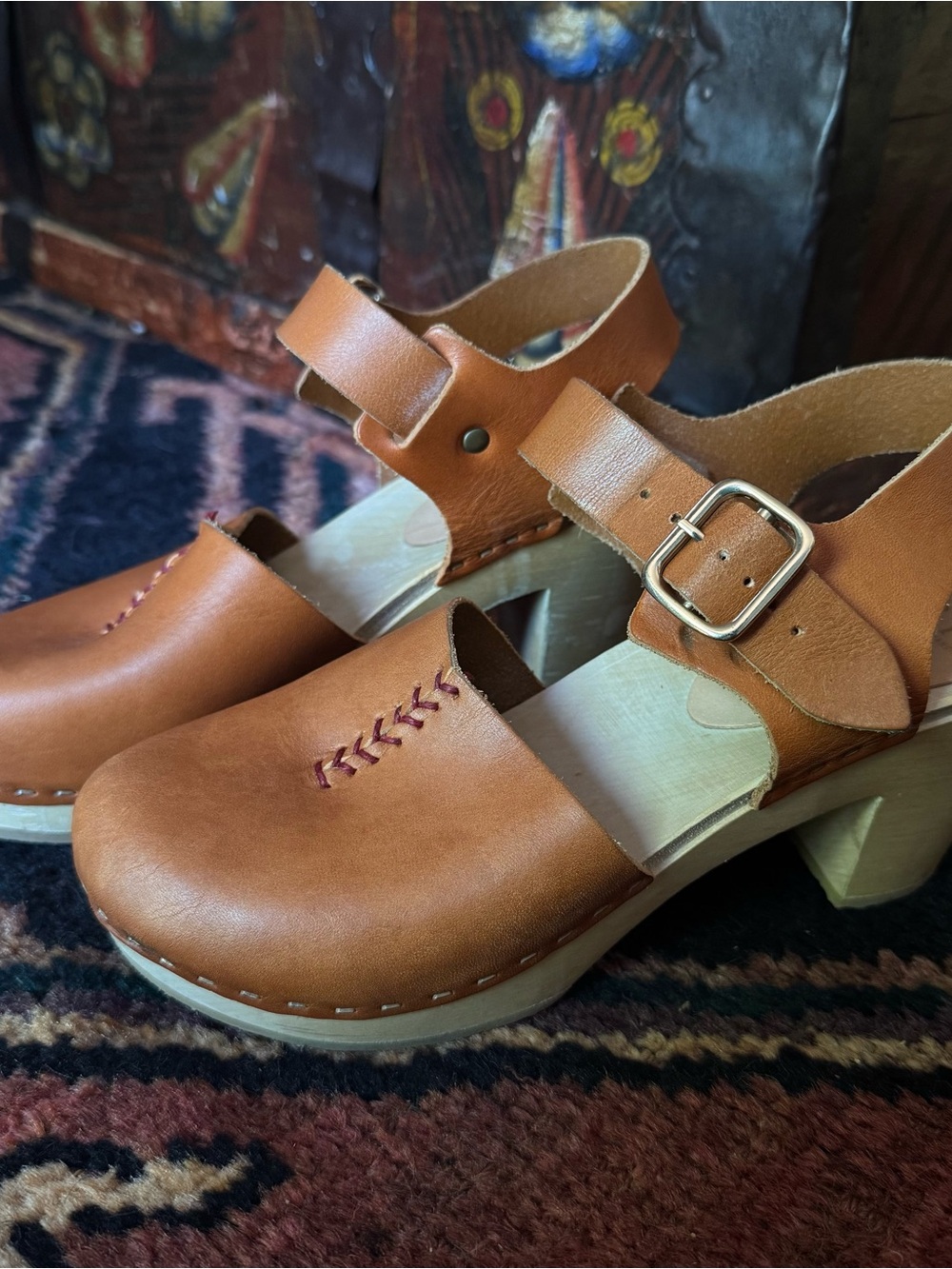 Bryr Cognac Leather Clog Sandals with Buckle